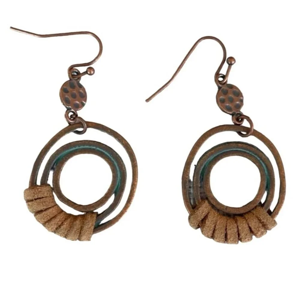 Bohemian Style Copper Toned Earrings 2"' L Blue and Suede Womens Hypoallergenic - Picture 3 of 4